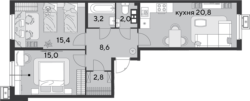 3-комн., 67.8 м², 8/18 этаж, ЖК «Парк Победы»