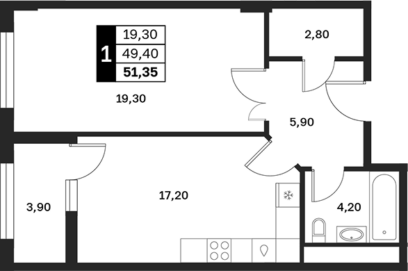 1-комн., 49.4 м², 2/9 этаж, ЖК «Аксис Патриот»