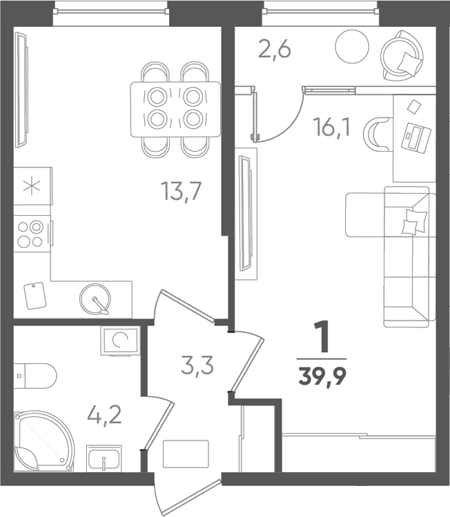 1-комн., 37.3 м², 2/18 этаж, ЖК «Барса»