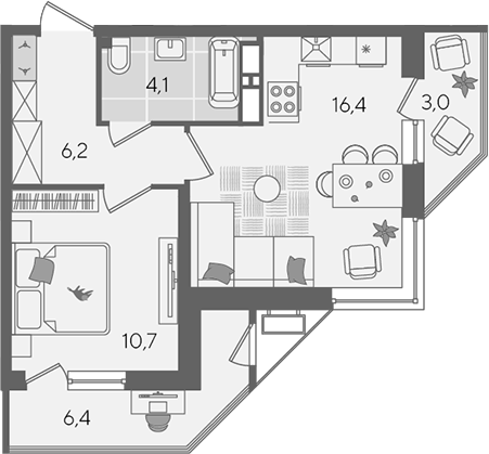 2-комн., 37.4 м², 13/24 этаж, ЖК «Рекорд»