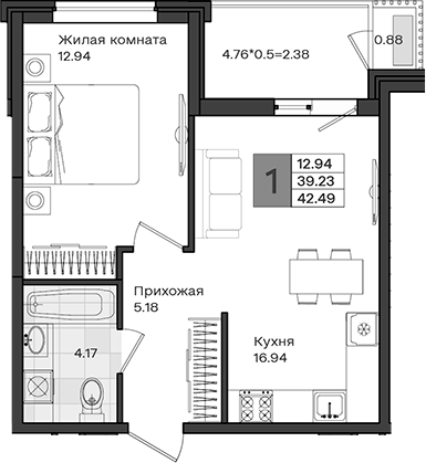 1-комн., 39.23 м², 5/8 этаж, ЖК «МОНО квартал»
