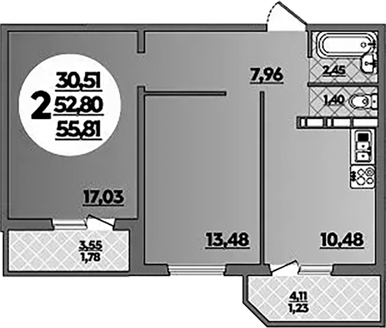 2-комн., 52.8 м², 1/16 этаж, ЖК «Восточный. Квартал №6»