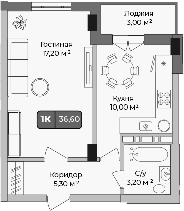 1-комн., 35.7 м², 3/9 этаж, ЖК «Опера»