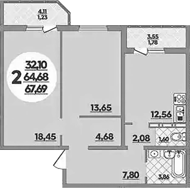 2-комн., 64.68 м², 1/16 этаж, ЖК «Восточный. Квартал №6»