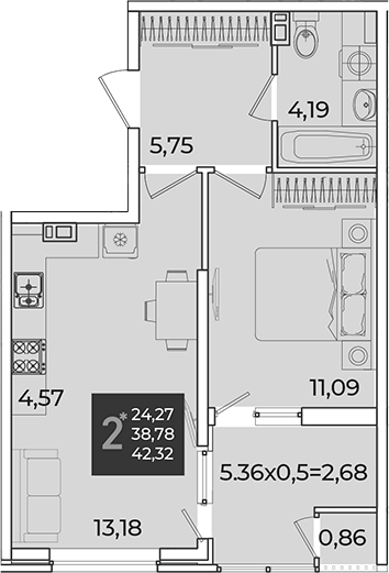 1-комн., 38.78 м², 6/18 этаж, ЖК «Образцово»