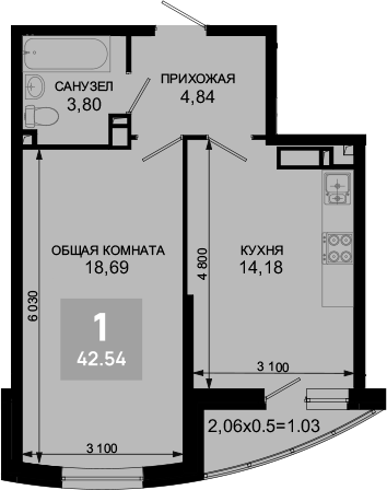1-комн., 41.51 м², 9/19 этаж, ЖК «Лучший»