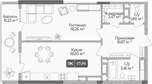 1-комн., 55.39 м², 7/17 этаж, ЖК «Золотой берег. СЗ Среда»