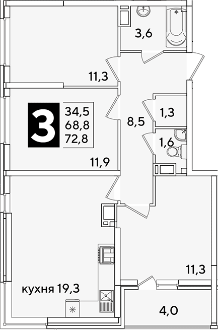 4+ комнаты, 68.8 м², 12/16 этаж, ЖК «Самолет»