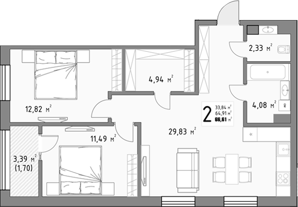 2-комн., 64.91 м², 4/9 этаж, ЖК «Коллекция»