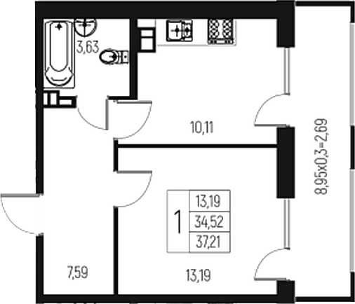 1-комн., 34.52 м², 7/7 этаж, ЖК «Атаманский Сад»