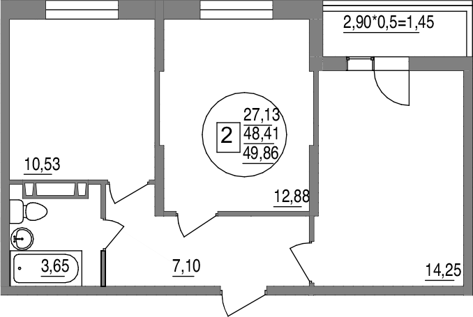 2-комн., 48.41 м², 9/12 этаж, ЖК «Друг»
