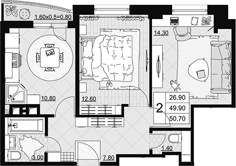 2-комн., 49.9 м², 4/9 этаж, ЖК «Песчаный»