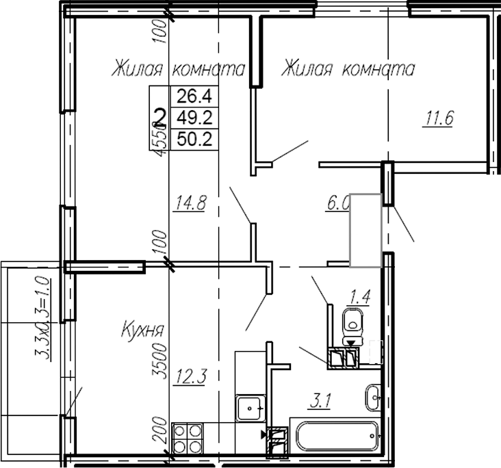 2-комн., 49.2 м², 3/4 этаж, ЖК «Эво»