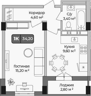 1-комн., 32.8 м², 6/9 этаж, ЖК «Опера»