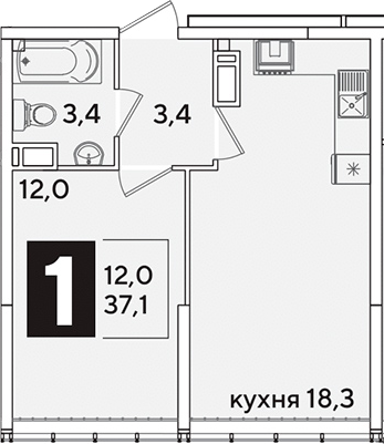 2-комн., 37.1 м², 15/16 этаж, ЖК «Самолет»