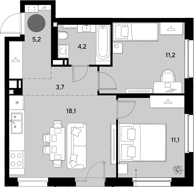 3-комн., 53.5 м², 9/9 этаж, ЖК «Грейд»