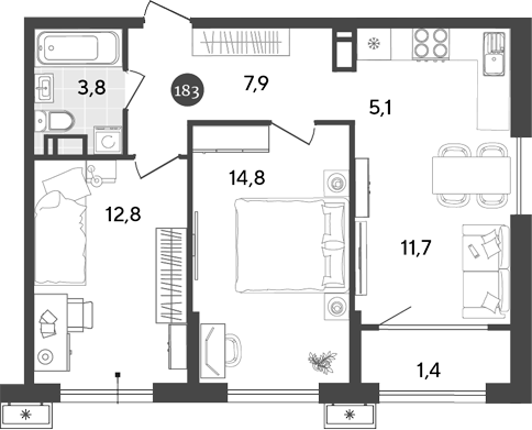 3-комн., 56.1 м², 11/18 этаж, ЖК «Порто-Ново»