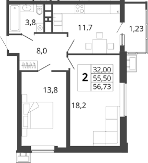 2-комн., 55.5 м², 9/18 этаж, ЖК «Родные Просторы»