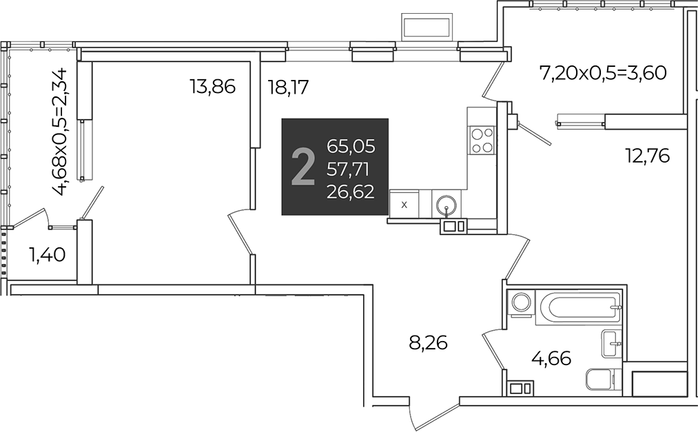 2-комн., 57.71 м², 4/21 этаж, ЖК «Образцово»