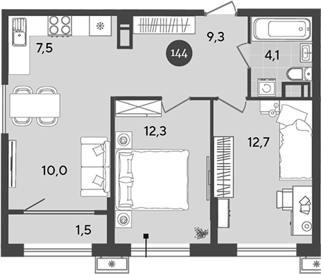 3-комн., 55.9 м², 10/18 этаж, ЖК «Порто-Ново»