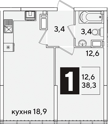 2-комн., 38.3 м², 16/16 этаж, ЖК «Самолет»