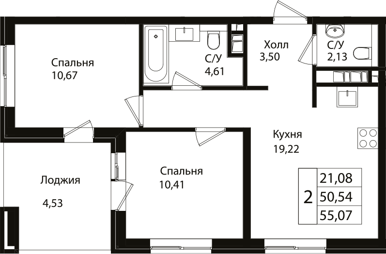 3-комн., 50.54 м², 5/7 этаж, ЖК «Патрики»