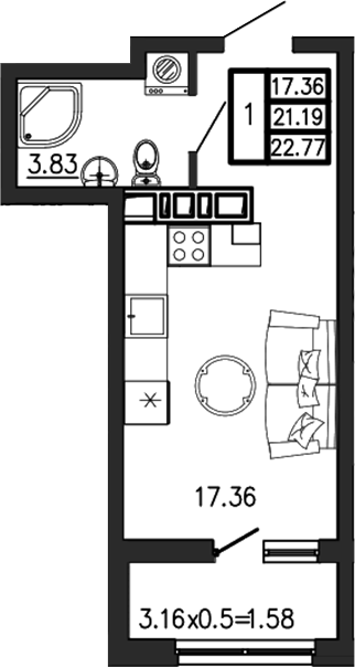 Студия, 21.19 м², 4/7 этаж, ЖК «Суворов»
