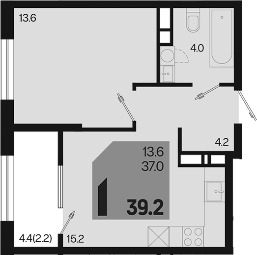 1-комн., 37 м², 12/18 этаж, ЖК «Первое место»