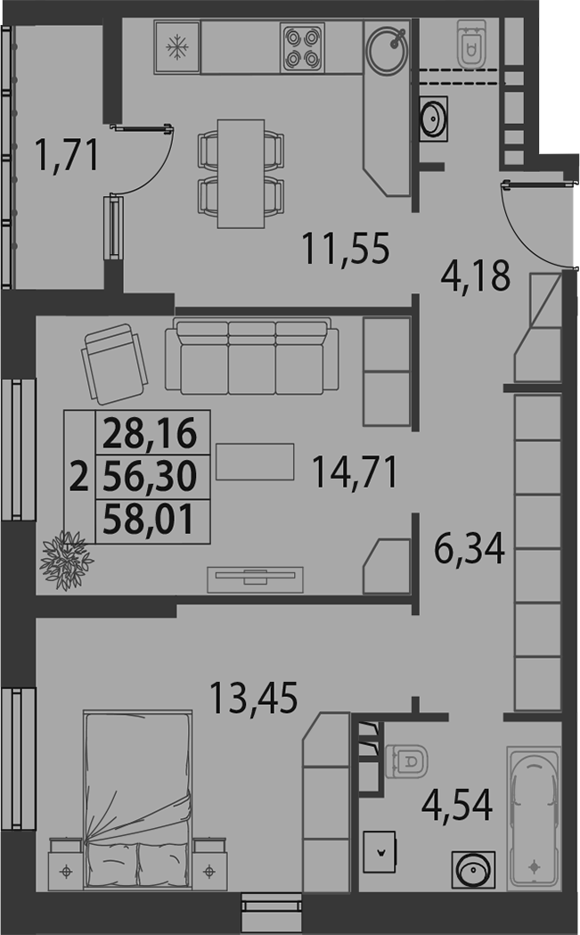 2-комн., 56.3 м², 2/7 этаж, ЖК «жилой квартал «Белые Росы (Динская)»»