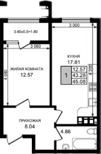 1-комн., 43.28 м², 4/8 этаж, ЖК «Резиденция морей»