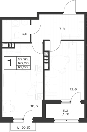1-комн., 40 м², 3/4 этаж, ЖК «ЭкоСфера. ГК Во-первых»
