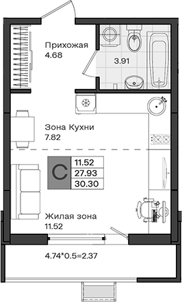 Студия, 27.93 м², 2/8 этаж, ЖК «МОНО квартал»