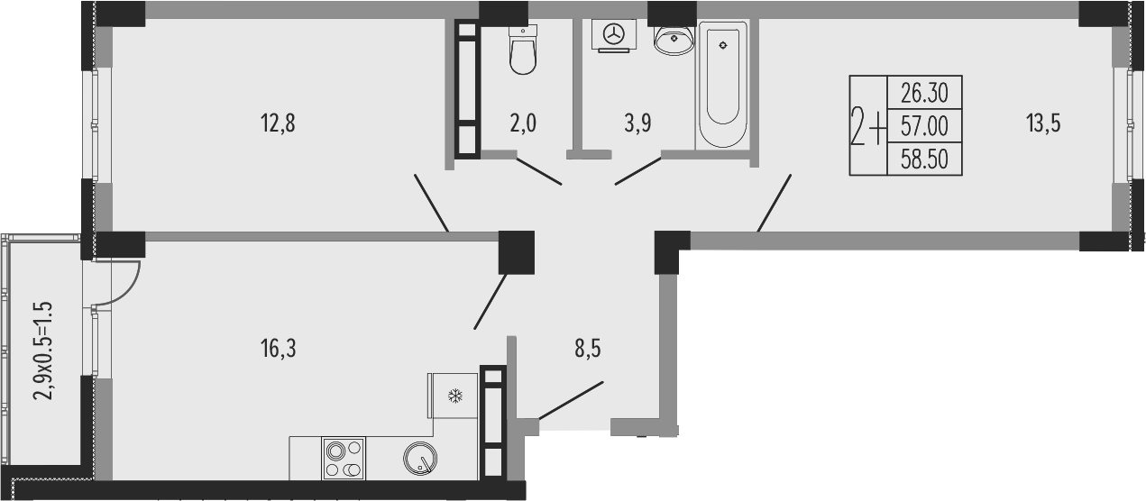 3-комн., 57 м², 11/15 этаж, ЖК «Екатерининский парк»