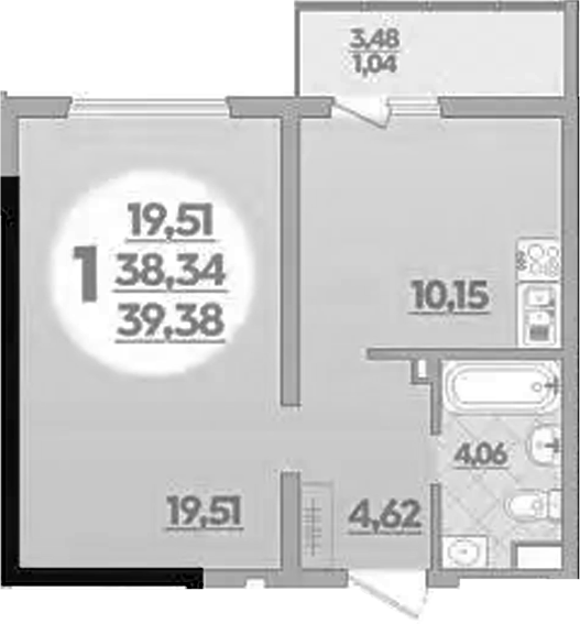 1-комн., 38.34 м², 1/9 этаж, ЖК «Предгорье Лаго-Наки»