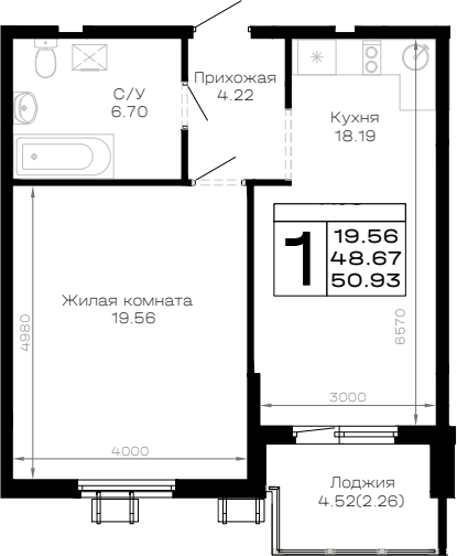 1-комн., 48.67 м², 4/4 этаж, ЖК «Усадьба Гостагаевская»