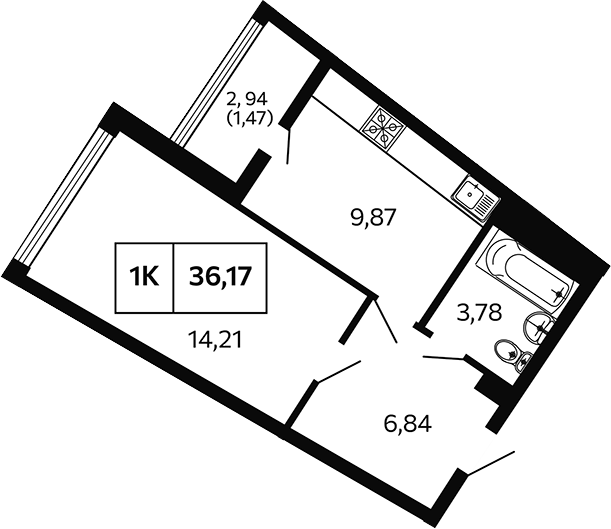 1-комн., 34.7 м², 7/9 этаж, ЖК «Отражение. Носта»