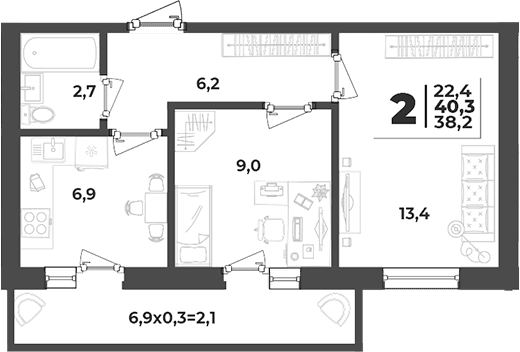 2-комн., 38.2 м², 2/5 этаж, ЖК «Дарград»