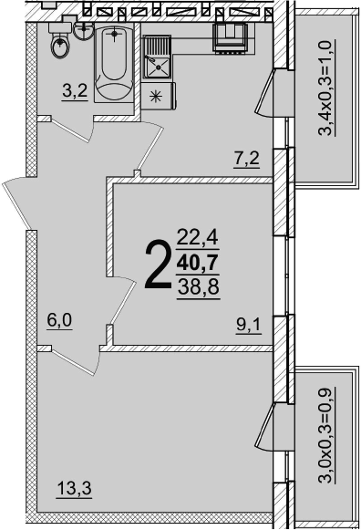 2-комн., 38.8 м², 4/5 этаж, ЖК «Дарград»