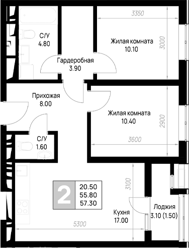 2-комн., 55.8 м², 9/9 этаж, ЖК «На высоком берегу»