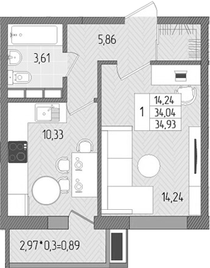 1-комн., 34.04 м², 2/8 этаж, ЖК «Сады у моря»