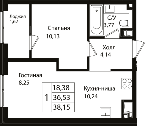 2-комн., 36.53 м², 9/9 этаж, ЖК «Патрики»