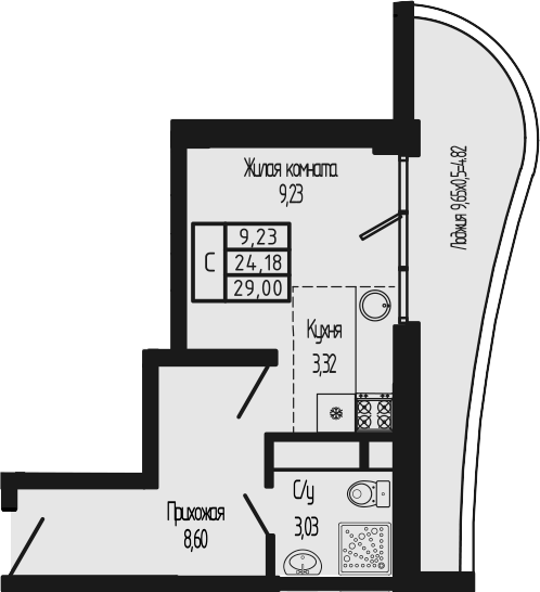 Студия, 24.18 м², 10/12 этаж, ЖК «Sun Hills Ольгинка»