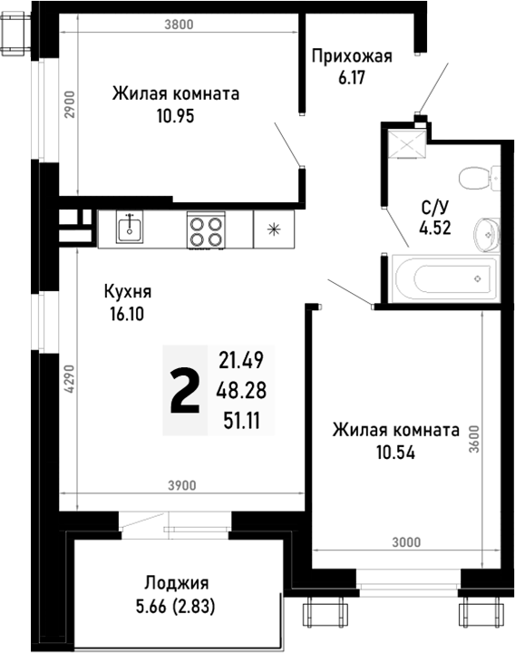 2-комн., 48.28 м², 3/4 этаж, ЖК «Усадьба Гостагаевская»