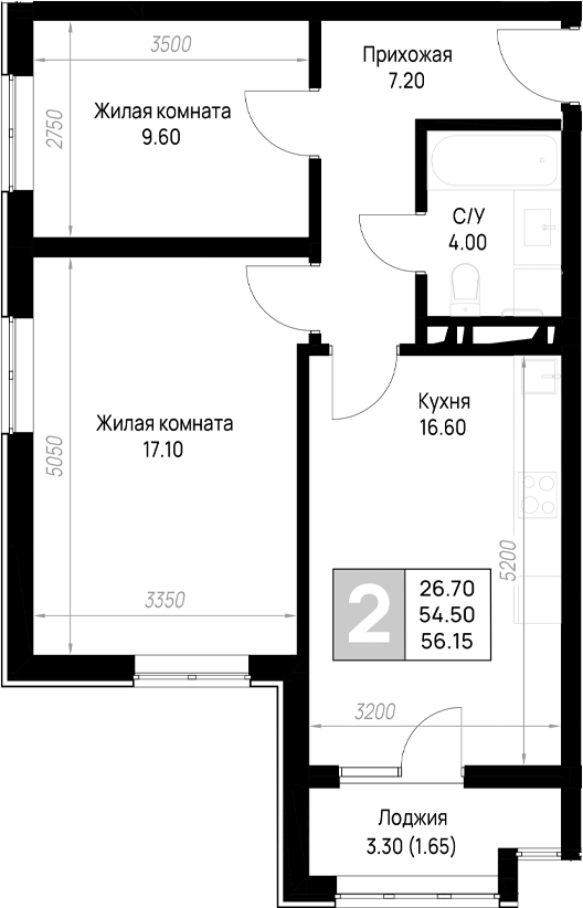 2-комн., 54.5 м², 7/12 этаж, ЖК «На высоком берегу»