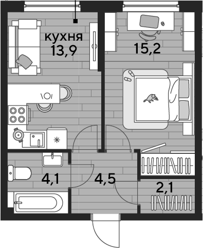 1-комн., 39.8 м², 2/16 этаж, ЖК «DОГМА ПАРК»