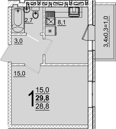 1-комн., 28.8 м², 5/5 этаж, ЖК «Дарград»