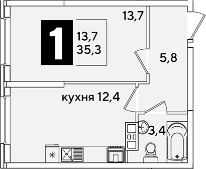 1-комн., 35.3 м², 4/16 этаж, ЖК «Самолет»