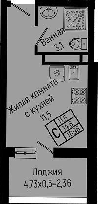 Студия, 14.6 м², 13/14 этаж, ЖК «Sun Hills Ольгинка»