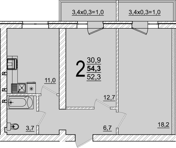 2-комн., 52.3 м², 1/5 этаж, ЖК «Дарград»