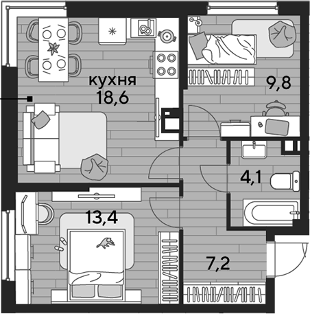 2-комн., 53.1 м², 9/19 этаж, ЖК «DОГМА ПАРК»